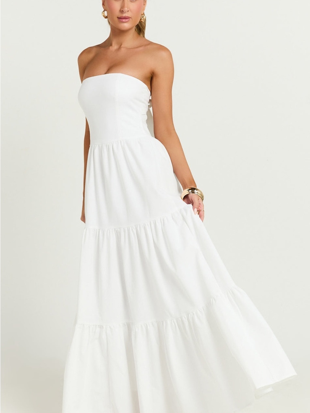 SHOWPO Trish Strapless Tiered Maxi Dress In White - Picture 4 of 7